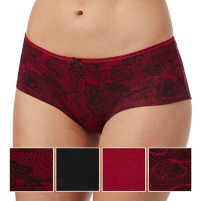 Pack of five dark red and black plain and lace butterfly print shorts